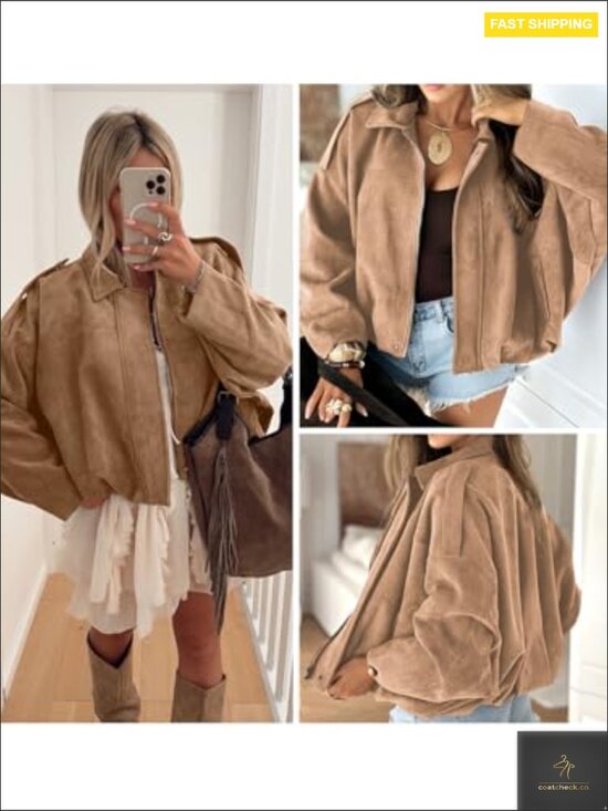 Faux Suede Bomber Jacket Cropped Zip Up Long Sleeve Trendy Y2K Outerwear with - Picture 5 of 7